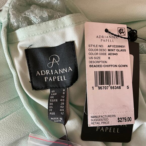 Adrianna Papell Beaded Chiffon Evening Gown Green Size 8 Short Sleeve A-Line - Picture 9 of 13